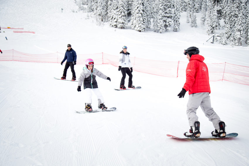 instructor teaching group how to ski