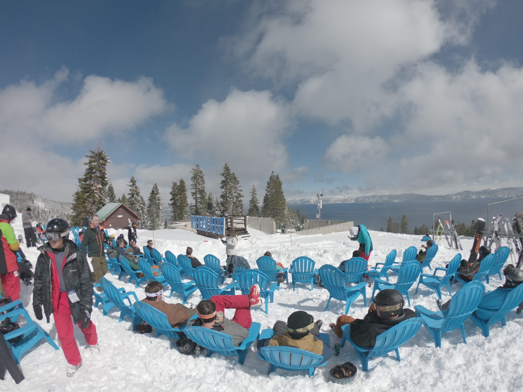 skiers and snowboarders relax at big blue view bar