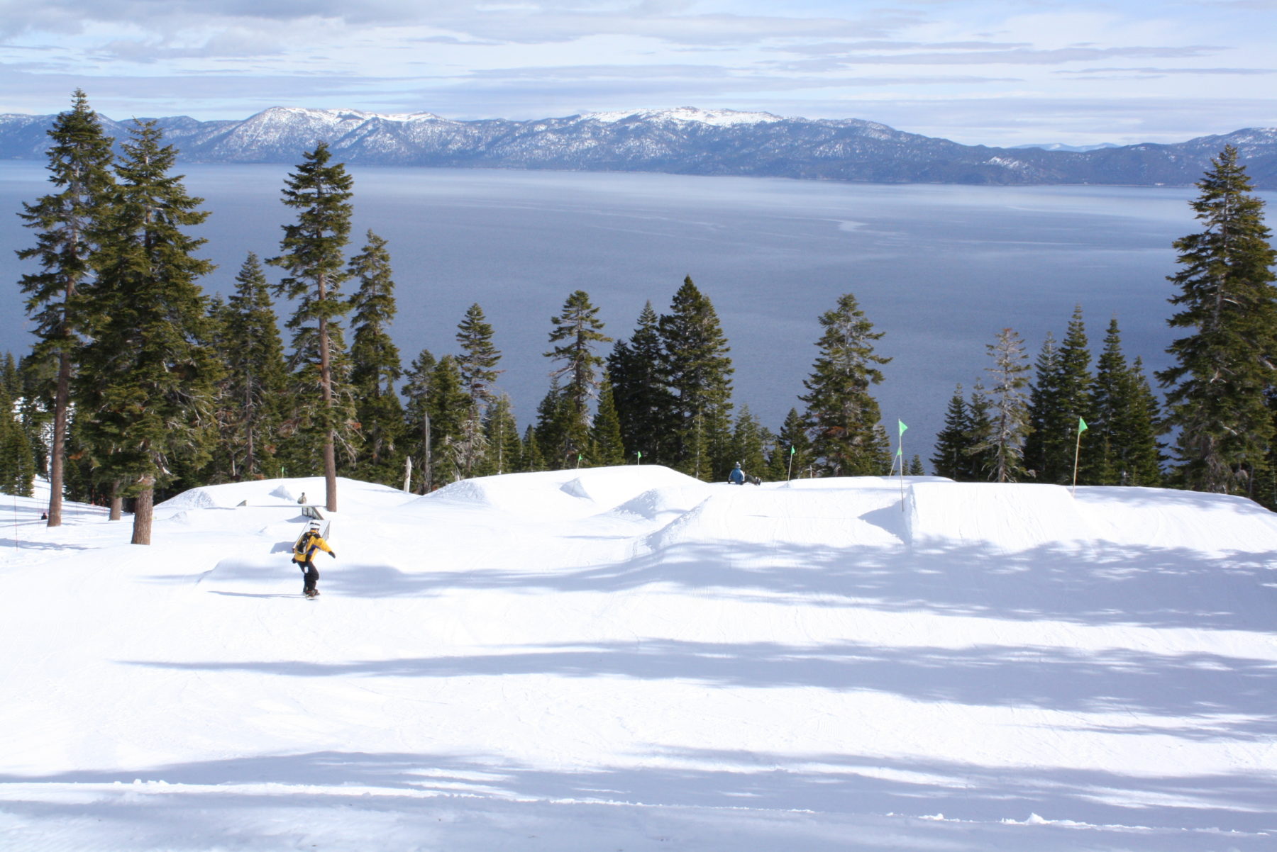 ski terrain park with lake in the backdrop